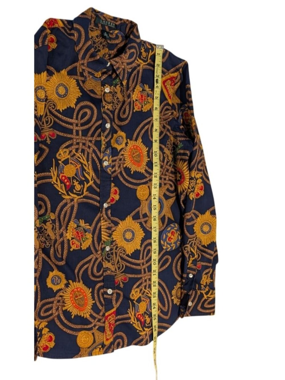 Lauren Ralph Lauren Navy Blue Button-Up Blouse Gold Chain Emblem Print Womens XL - Picture 10 of 14